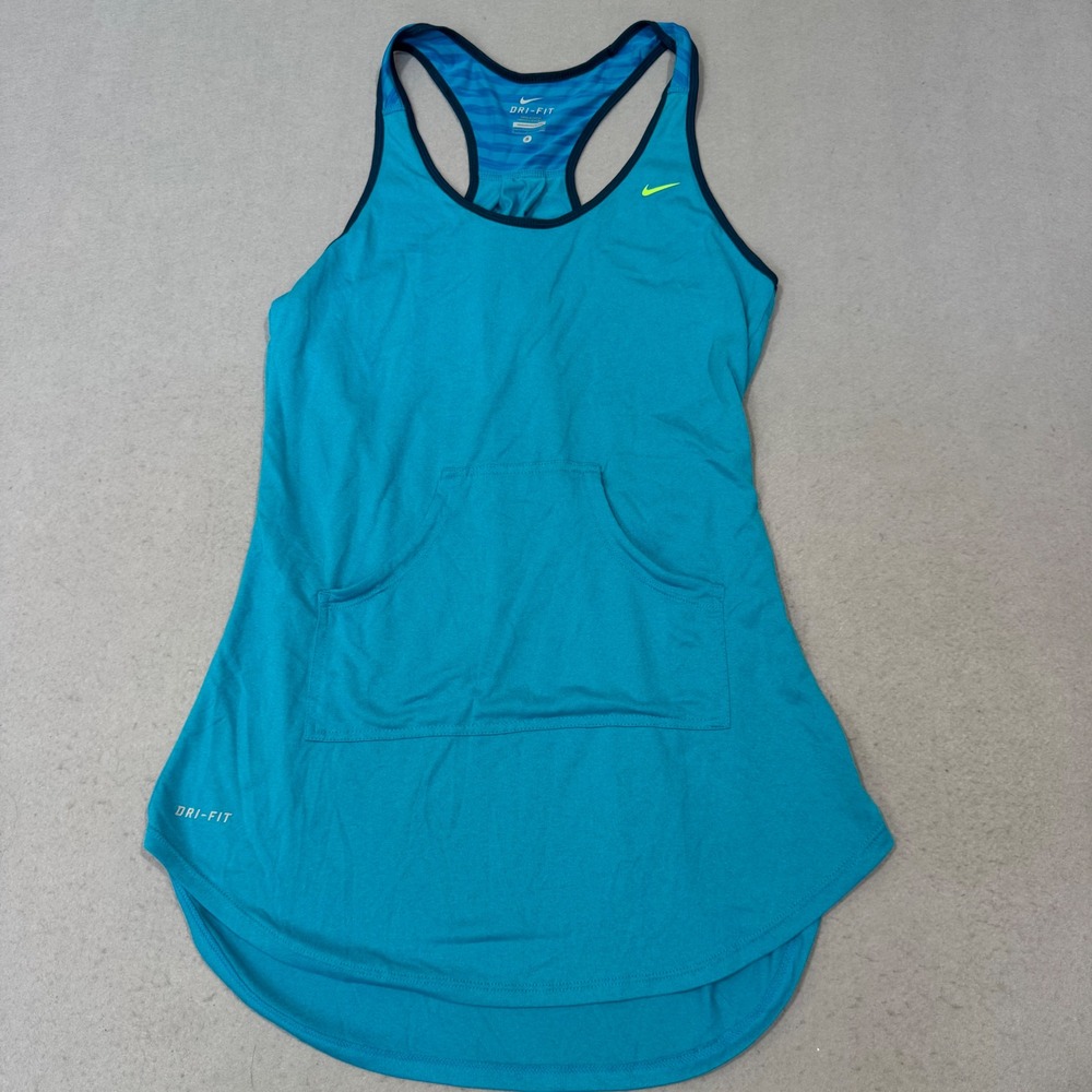 Nike Dri-FIT Tank Top Women S Teal Blue Racerback Kangaroo Pocket Curved Hem